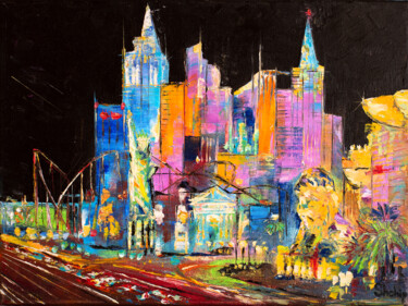 Painting titled "Las Vegas Cityscape" by Natalia Shchipakina, Original Artwork, Oil Mounted on Wood Stretcher frame