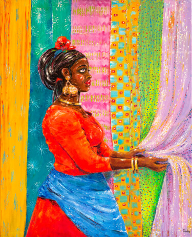 Картина под названием "Fabric Shop In Afri…" - Natalia Shchipakina, Подлинное произведение искусства, Масло Установлен на Де…
