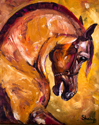 Painting titled "The Stallion" by Natalia Shchipakina, Original Artwork, Oil Mounted on Wood Stretcher frame