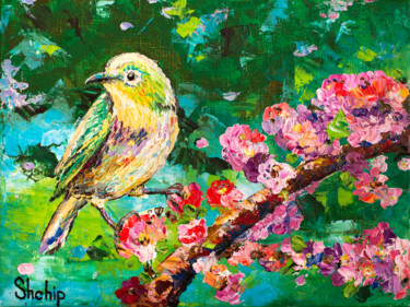 Painting titled "Japanese White-Eye" by Natalia Shchipakina, Original Artwork, Oil