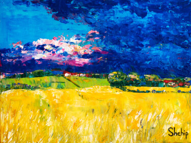 Painting titled "Rye Field Before a…" by Natalia Shchipakina, Original Artwork, Oil Mounted on Wood Stretcher frame