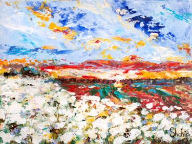 Painting titled "White Flowers Field" by Natalia Shchipakina, Original Artwork, Oil Mounted on Wood Stretcher frame