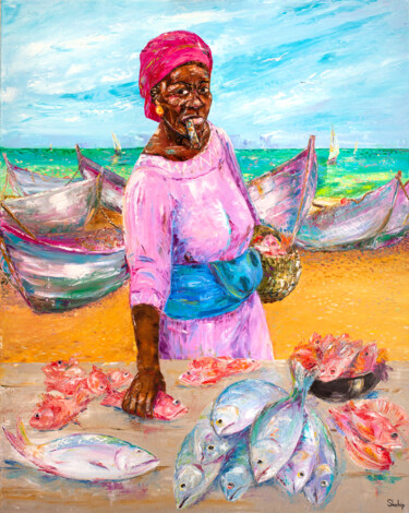 Pintura titulada "At The Fish Market…" por Natalia Shchipakina, Obra de arte original, Oleo Montado en Bastidor de camilla d…