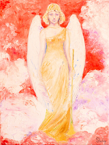 Painting titled "Sky Angel" by Natalia Shchipakina, Original Artwork, Oil Mounted on Wood Stretcher frame