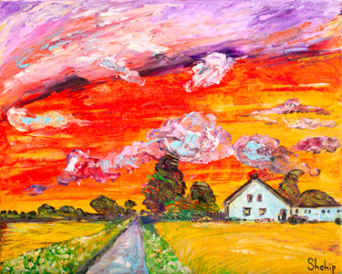 Painting titled "Sunset Over The Vil…" by Natalia Shchipakina, Original Artwork, Oil Mounted on Wood Stretcher frame