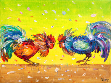 Malerei mit dem Titel "Roosters" von Natalia Shchipakina, Original-Kunstwerk, Öl Auf Keilrahmen aus Holz montiert