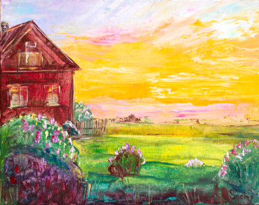 Painting titled "Evening In The Vill…" by Natalia Shchipakina, Original Artwork, Oil Mounted on Wood Stretcher frame