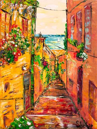 Painting titled "Street To The Sea" by Natalia Shchipakina, Original Artwork, Oil Mounted on Wood Stretcher frame