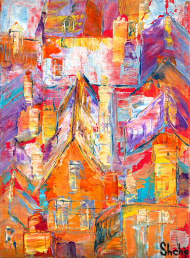 Painting titled "Purple Roofs" by Natalia Shchipakina, Original Artwork, Oil Mounted on Wood Stretcher frame