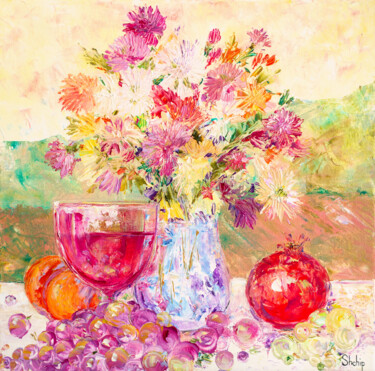 Painting titled "Rose Wine and Fruis…" by Natalia Shchipakina, Original Artwork, Oil Mounted on Wood Stretcher frame