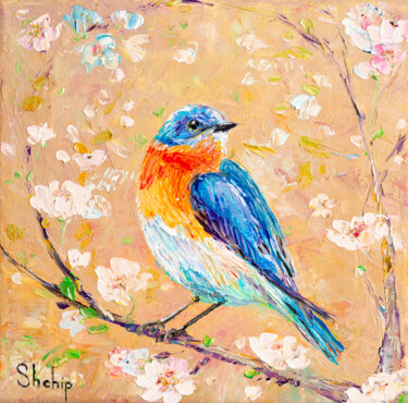 Pintura intitulada "Eastern Bluebird" por Natalia Shchipakina, Obras de arte originais, Óleo Montado em Armação em madeira