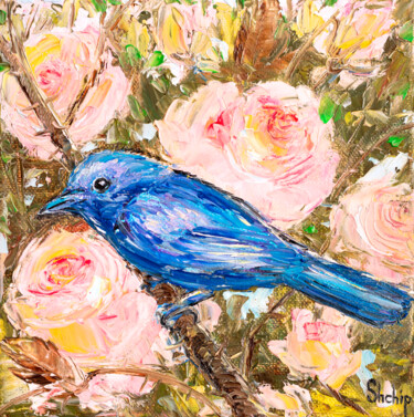 Peinture intitulée "Indigo Bunting. Ame…" par Natalia Shchipakina, Œuvre d'art originale, Huile Monté sur Châssis en bois