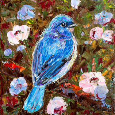 Painting titled "Bluebird In The Gar…" by Natalia Shchipakina, Original Artwork, Oil Mounted on Wood Stretcher frame