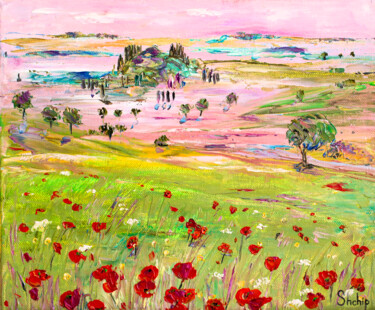 Painting titled "Poppy Field and Hil…" by Natalia Shchipakina, Original Artwork, Oil Mounted on Wood Stretcher frame