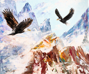 Painting titled "Flying Above The Cl…" by Natalia Shchipakina, Original Artwork, Oil Mounted on Wood Stretcher frame