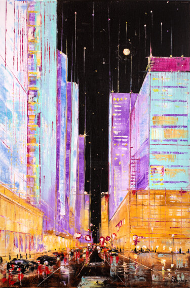 Malarstwo zatytułowany „Manhattan at Night” autorstwa Natalia Shchipakina, Oryginalna praca, Olej Zamontowany na Drewniana r…