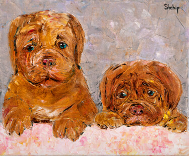 Painting titled "Lovely Puppies. Dog…" by Natalia Shchipakina, Original Artwork, Oil Mounted on Wood Stretcher frame
