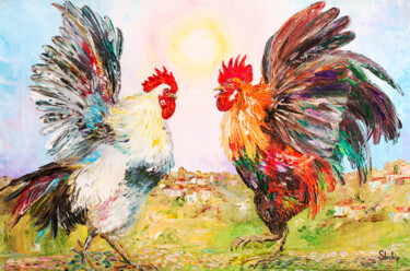 Painting titled "Cockfight In The Mo…" by Natalia Shchipakina, Original Artwork, Oil Mounted on Wood Stretcher frame