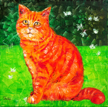Painting titled "Cat and Butterfly" by Natalia Shchipakina, Original Artwork, Oil Mounted on Wood Stretcher frame