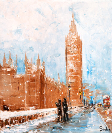 Painting titled "Snowfall in London" by Natalia Shchipakina, Original Artwork, Oil Mounted on Wood Stretcher frame
