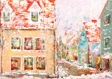 Картина под названием "Winter In a Small T…" - Natalia Shchipakina, Подлинное произведение искусства, Масло Установлен на Де…
