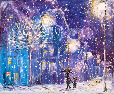 Картина под названием "Snowfall At Night" - Natalia Shchipakina, Подлинное произведение искусства, Масло Установлен на Дерев…