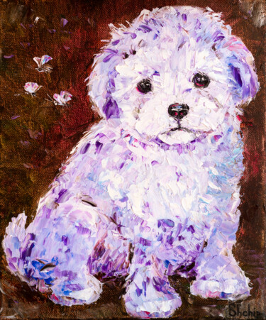 Malerei mit dem Titel "Cute Puppy. Bologne…" von Natalia Shchipakina, Original-Kunstwerk, Öl