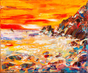 Painting titled "Sun Setting at Cost…" by Natalia Shchipakina, Original Artwork, Oil Mounted on Wood Stretcher frame