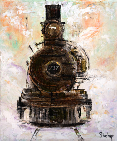 Painting titled "Steam Engine" by Natalia Shchipakina, Original Artwork, Oil Mounted on Wood Stretcher frame