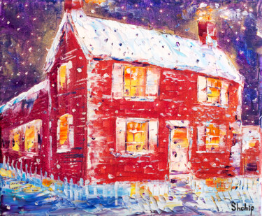 Painting titled "Winter Evening In T…" by Natalia Shchipakina, Original Artwork, Oil Mounted on Wood Stretcher frame