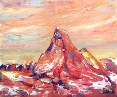 Painting titled "Matterhorn In Red" by Natalia Shchipakina, Original Artwork, Oil Mounted on Wood Stretcher frame