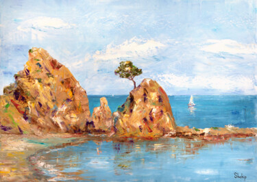 Painting titled "Tossa de Mar Beach.…" by Natalia Shchipakina, Original Artwork, Oil Mounted on Wood Stretcher frame