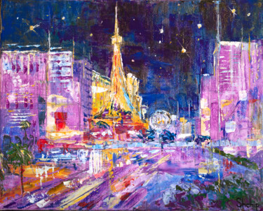 Painting titled "Neon mirage. Las Ve…" by Natalia Shchipakina, Original Artwork, Oil Mounted on Wood Stretcher frame