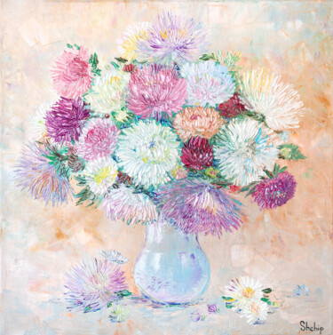 Painting titled "Asters In Pastel" by Natalia Shchipakina, Original Artwork, Oil Mounted on Wood Stretcher frame