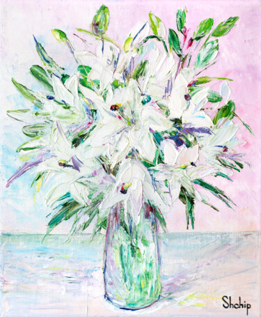 Painting titled "Bouquet Of White Li…" by Natalia Shchipakina, Original Artwork, Oil