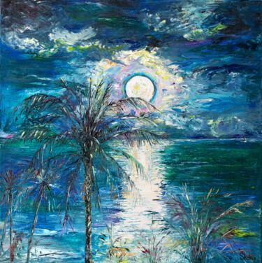 Painting titled "Hawaii. Moonlit Nig…" by Natalia Shchipakina, Original Artwork, Oil Mounted on Wood Stretcher frame
