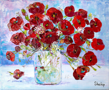 Painting titled "Red Poppies In a Va…" by Natalia Shchipakina, Original Artwork, Oil Mounted on Wood Stretcher frame