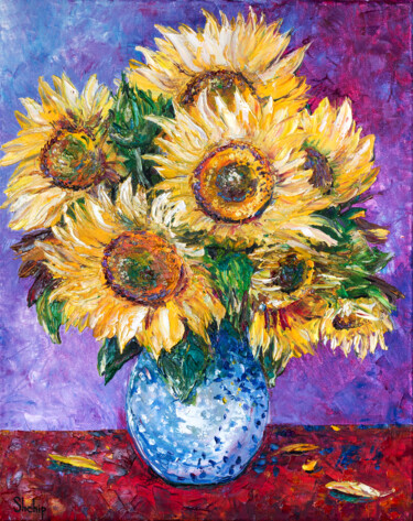 Peinture intitulée "Sunflowers In a Blu…" par Natalia Shchipakina, Œuvre d'art originale, Huile