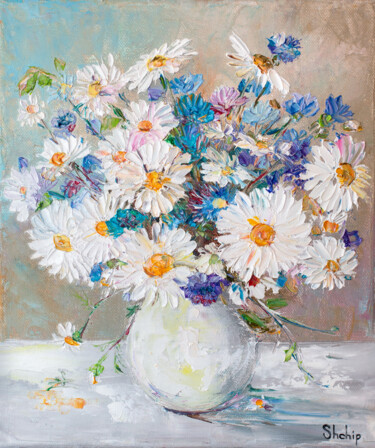 Painting titled "Daisies and Butterc…" by Natalia Shchipakina, Original Artwork, Oil