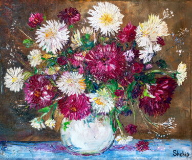 Painting titled "Colorful Asters" by Natalia Shchipakina, Original Artwork, Oil Mounted on Wood Stretcher frame