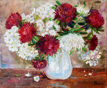 Painting titled "Phlox and Asters. T…" by Natalia Shchipakina, Original Artwork, Oil Mounted on Wood Stretcher frame
