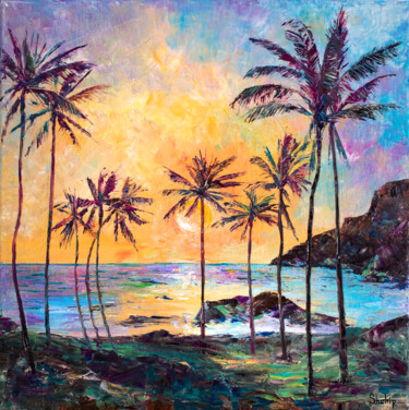 Painting titled "Dawn in Hawaii" by Natalia Shchipakina, Original Artwork, Oil Mounted on Wood Stretcher frame