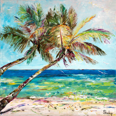 Painting titled "Palm Trees On The S…" by Natalia Shchipakina, Original Artwork, Oil Mounted on Wood Stretcher frame