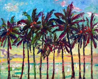 Painting titled "Palm Trees and Morn…" by Natalia Shchipakina, Original Artwork, Oil Mounted on Wood Stretcher frame
