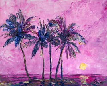 Pintura titulada "Palms Under Purple…" por Natalia Shchipakina, Obra de arte original, Oleo Montado en Bastidor de camilla d…