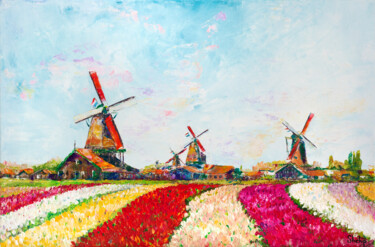 Painting titled "The Old Windmills" by Natalia Shchipakina, Original Artwork, Oil Mounted on Wood Stretcher frame