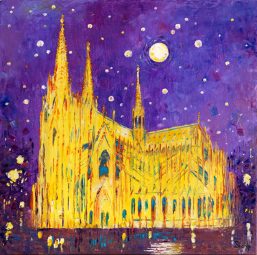 Painting titled "Cologne Cathedral a…" by Natalia Shchipakina, Original Artwork, Oil Mounted on Wood Stretcher frame