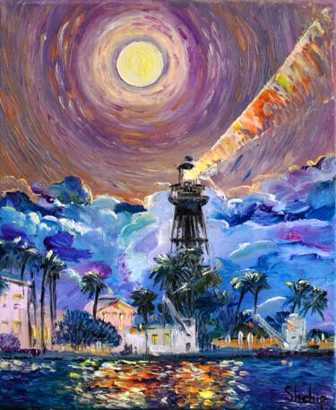 Malarstwo zatytułowany „Lighthouse At Nigh” autorstwa Natalia Shchipakina, Oryginalna praca, Olej Zamontowany na Drewniana r…