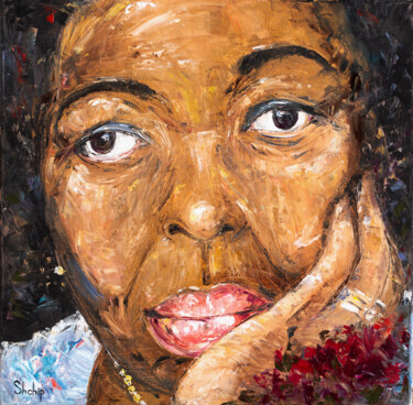 Painting titled "Cesaria Evora: The…" by Natalia Shchipakina, Original Artwork, Oil Mounted on Wood Stretcher frame