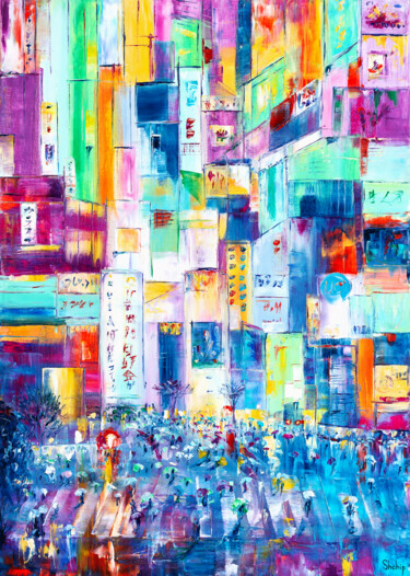 Painting titled "Neon Metropolis: To…" by Natalia Shchipakina, Original Artwork, Oil Mounted on Wood Stretcher frame